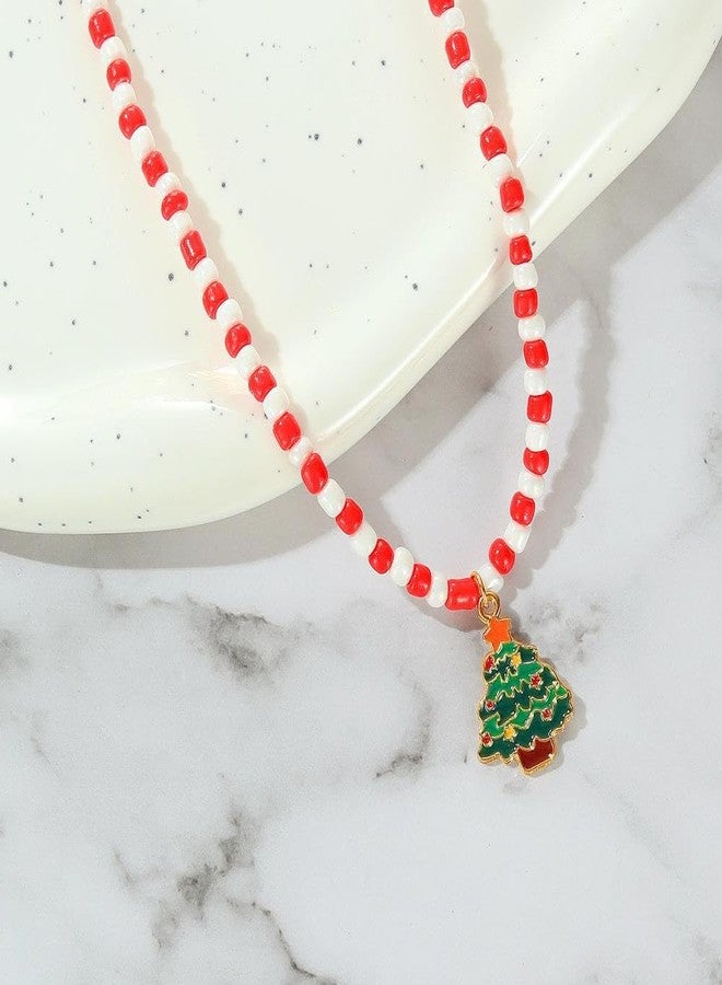 Wbreaz Christmas Beaded Necklace Christmas Tree Pendant Xmas Tree Necklace Christmas Tree Handmade Beaded Choker Necklace Christmas Tree Jewelry Gift for Women Halloween Festival - Image 4
